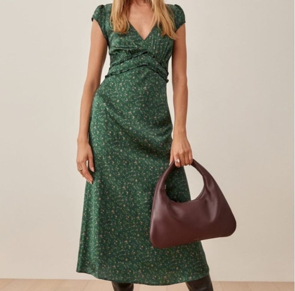 Reformation Kaye Silk Green Floral Dress Size 8